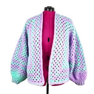 Hexagon Cardigan Handmade Crochet Open Front Sweater Premium Acrylic OS